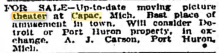 Capac Theatre - Dec 9 1917 For Sale (newer photo)